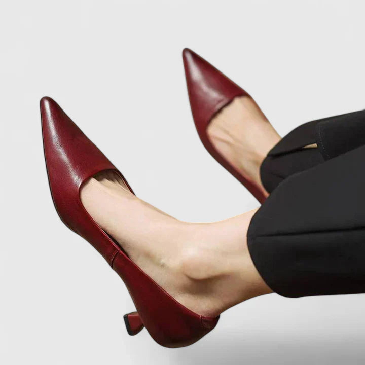 Women's Pointed Toe Pumps with Kitten Heel and Smooth Leather Finish