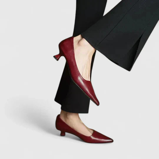 Women's Pointed Toe Pumps with Kitten Heel and Smooth Leather Finish