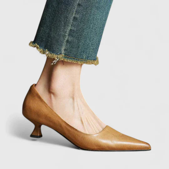Women's Pointed Toe Pumps with Kitten Heel and Smooth Leather Finish