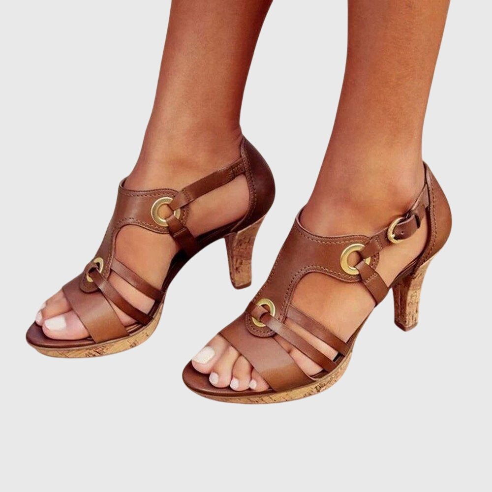 Women's Strappy Heeled Sandals with Cork Insole and Buckle Detail