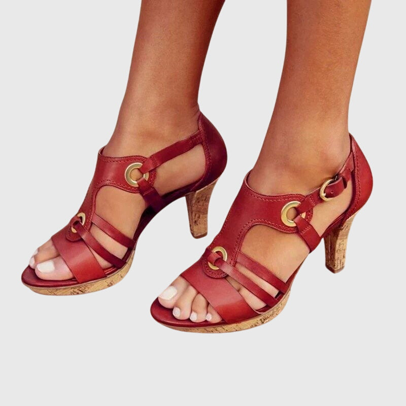 Women's Strappy Heeled Sandals with Cork Insole and Buckle Detail