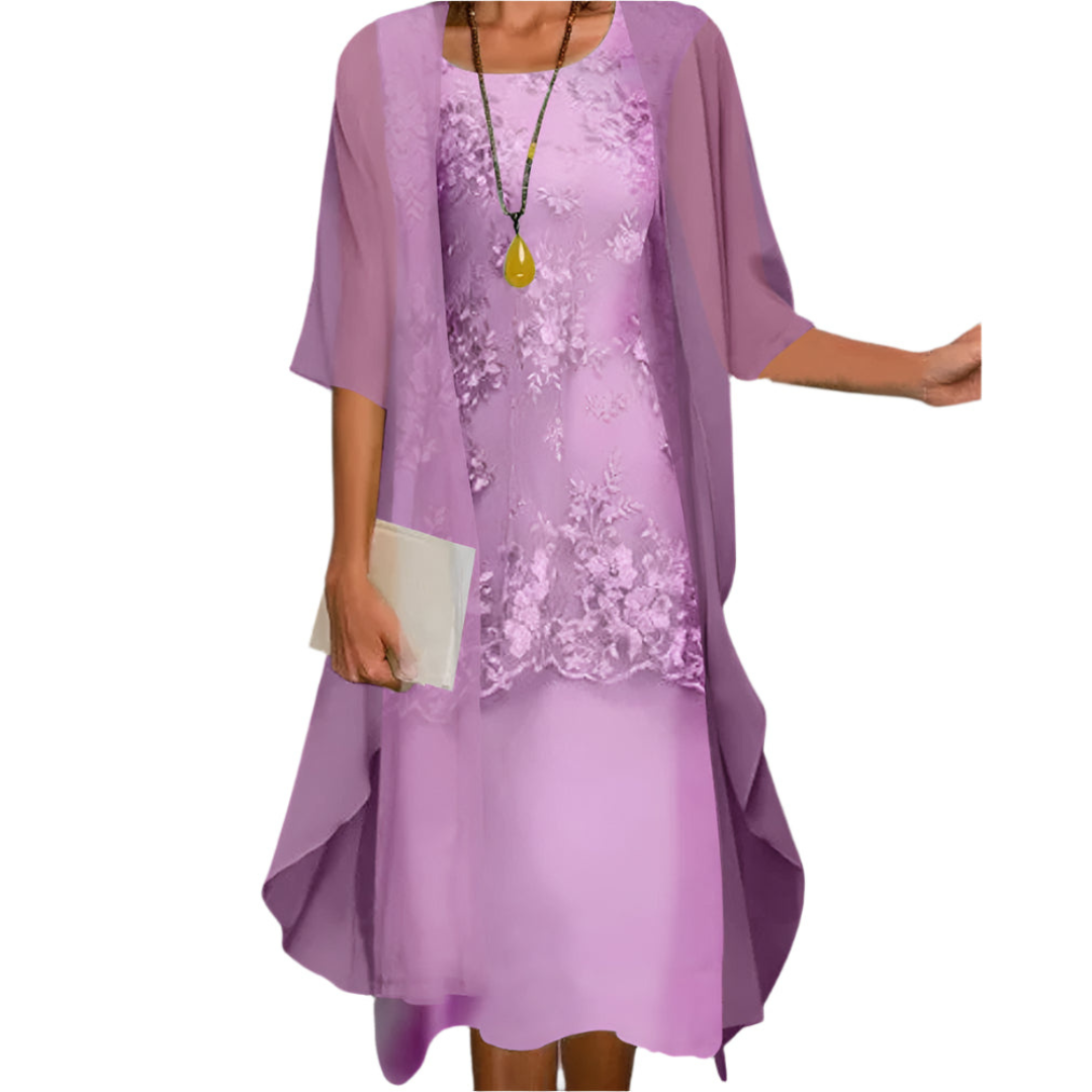 Women's 2-Piece Midi Dress Lace Overlay and Sheer Sleeve Jacket