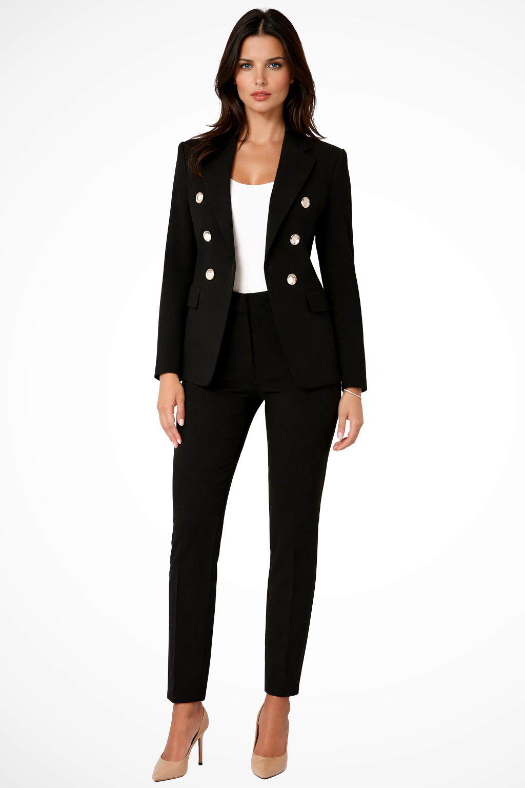 Women's 2-Piece Pant Suit with Double-Breasted Blazer and Decorative Buttons