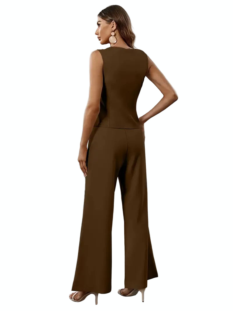 Women's 2-Piece Pants Set with Asymmetric Button-Down Vest and Wide-Leg Trousers