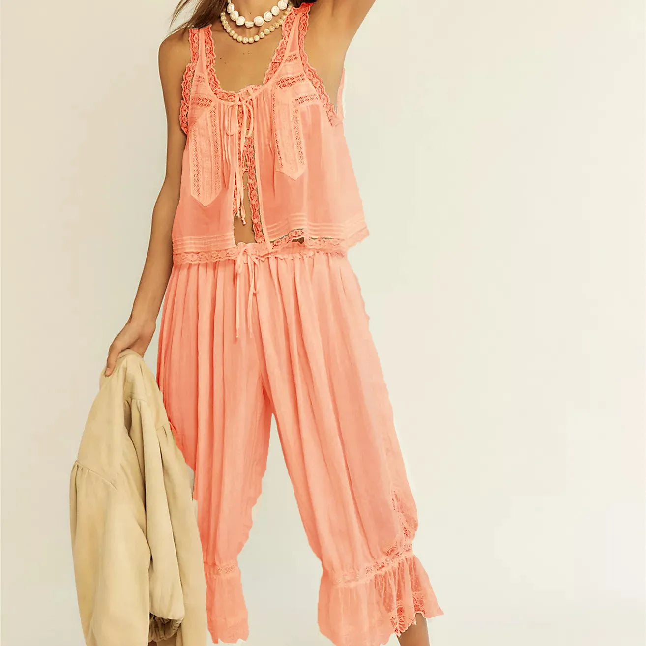 Women's 2-Piece Set Lace Trim and Wide Leg Trousers