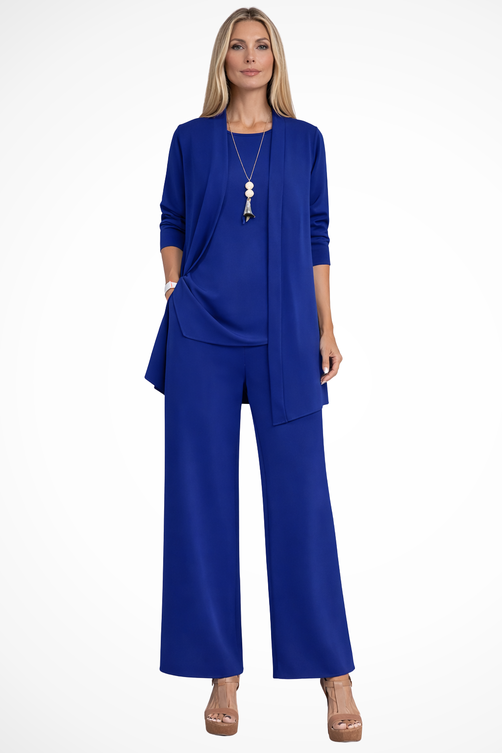 Women's 3-Piece Set Sleeveless Top Open Front Jacket Wide Leg Trousers