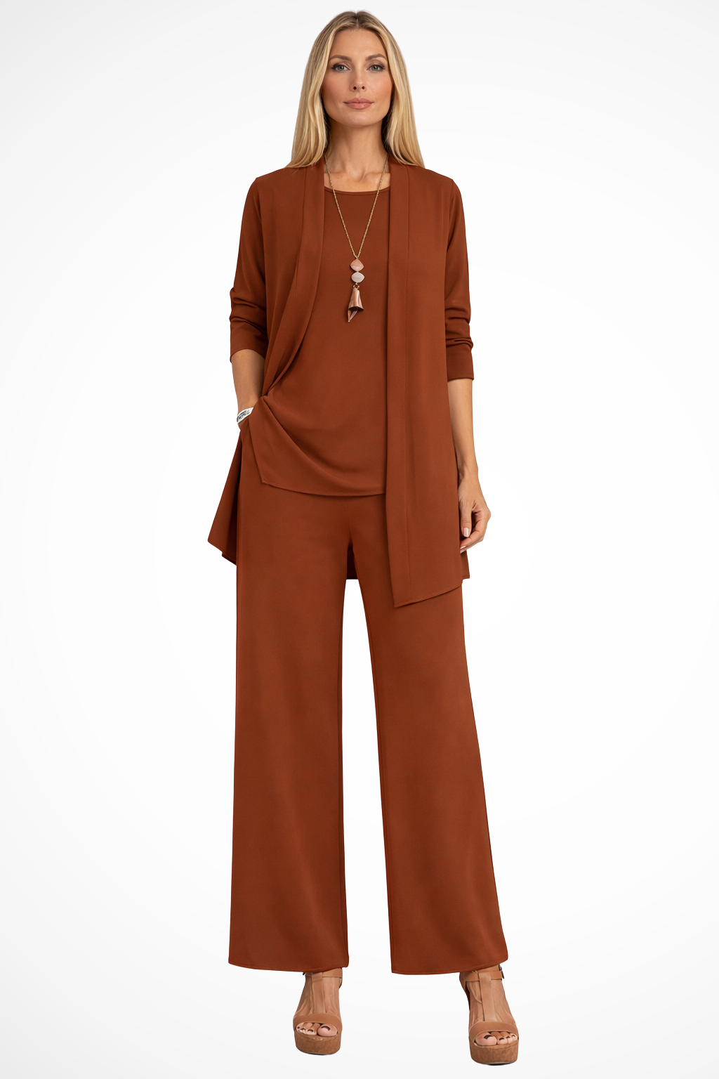 Women's 3-Piece Set Sleeveless Top Open Front Jacket Wide Leg Trousers