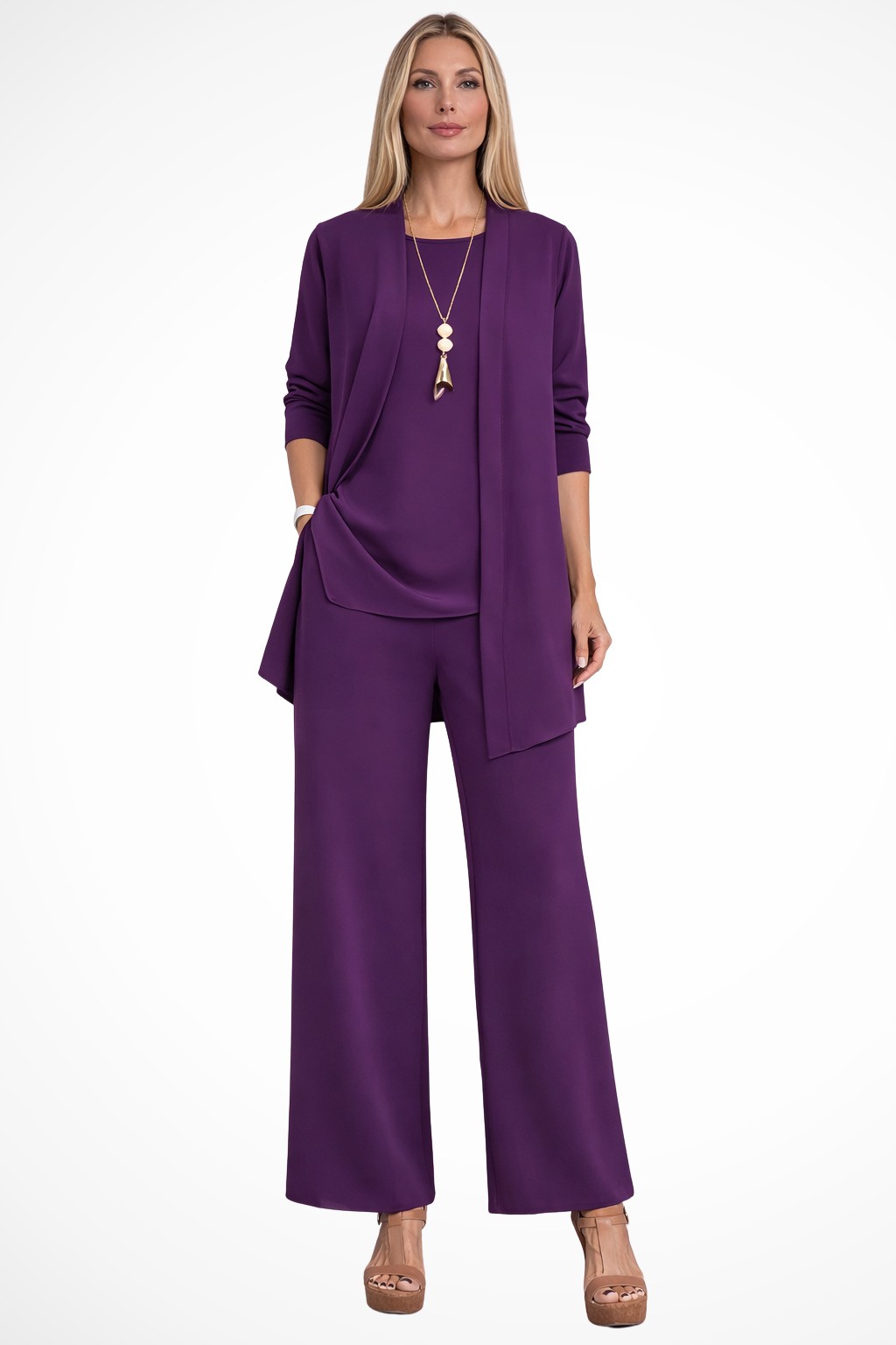 Women's 3-Piece Set Sleeveless Top Open Front Jacket Wide Leg Trousers