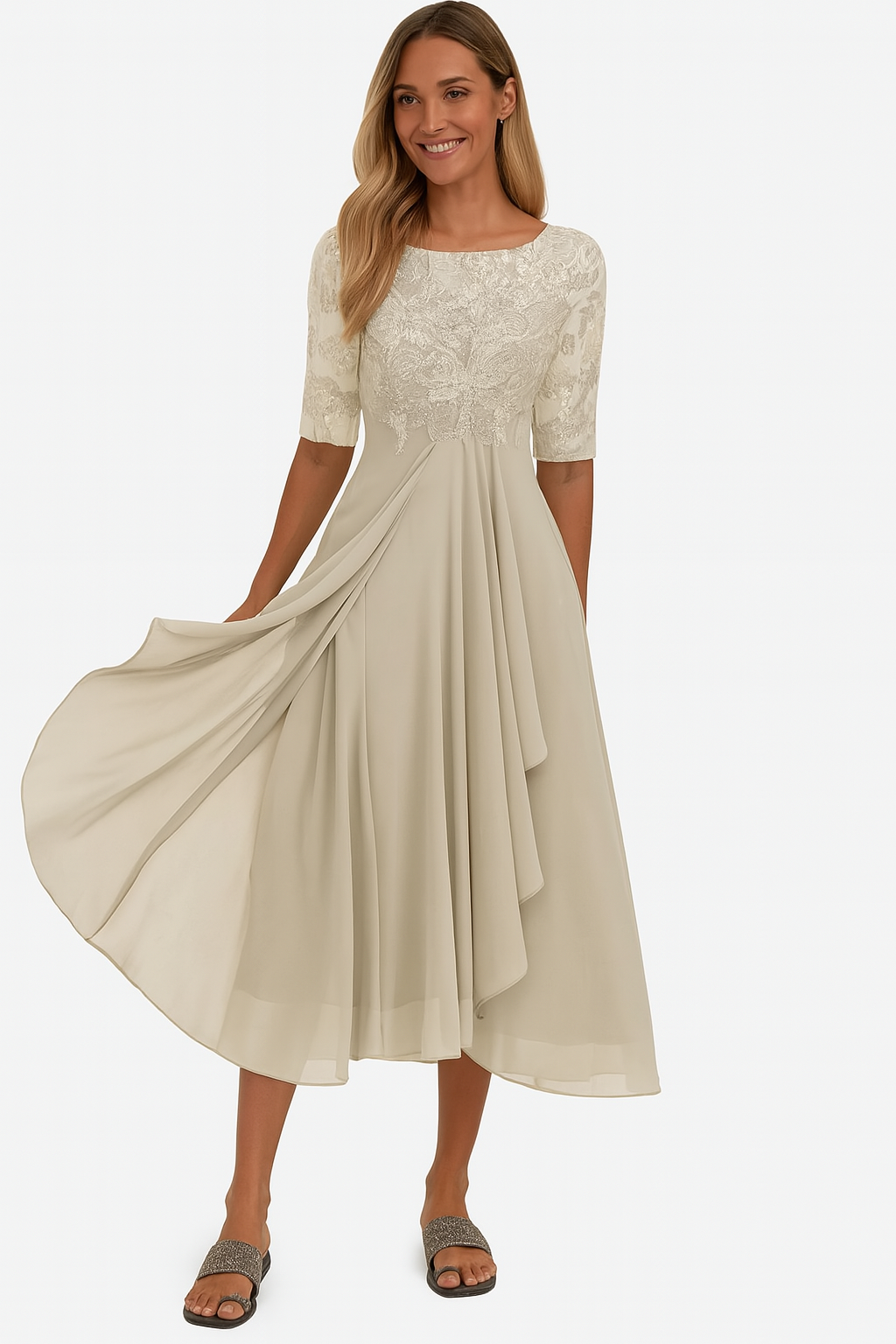 Women's A-Line Midi Dress Floral Lace Bodice and Tiered Skirt