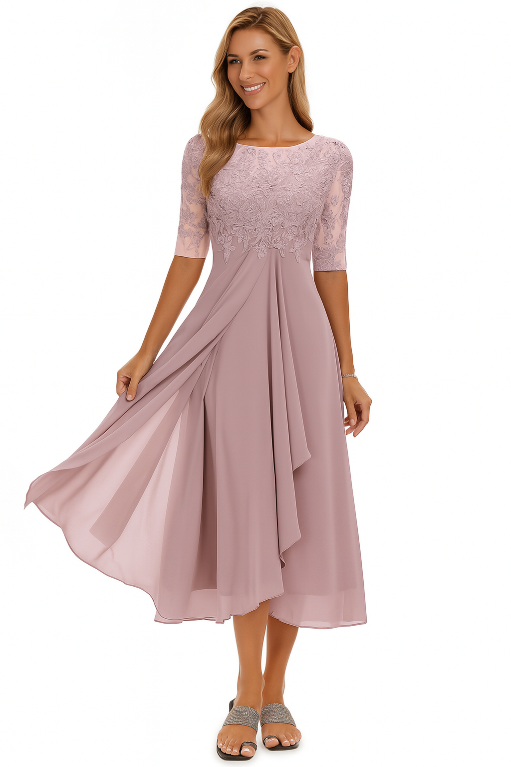 Women's A-Line Midi Dress Floral Lace Bodice and Tiered Skirt