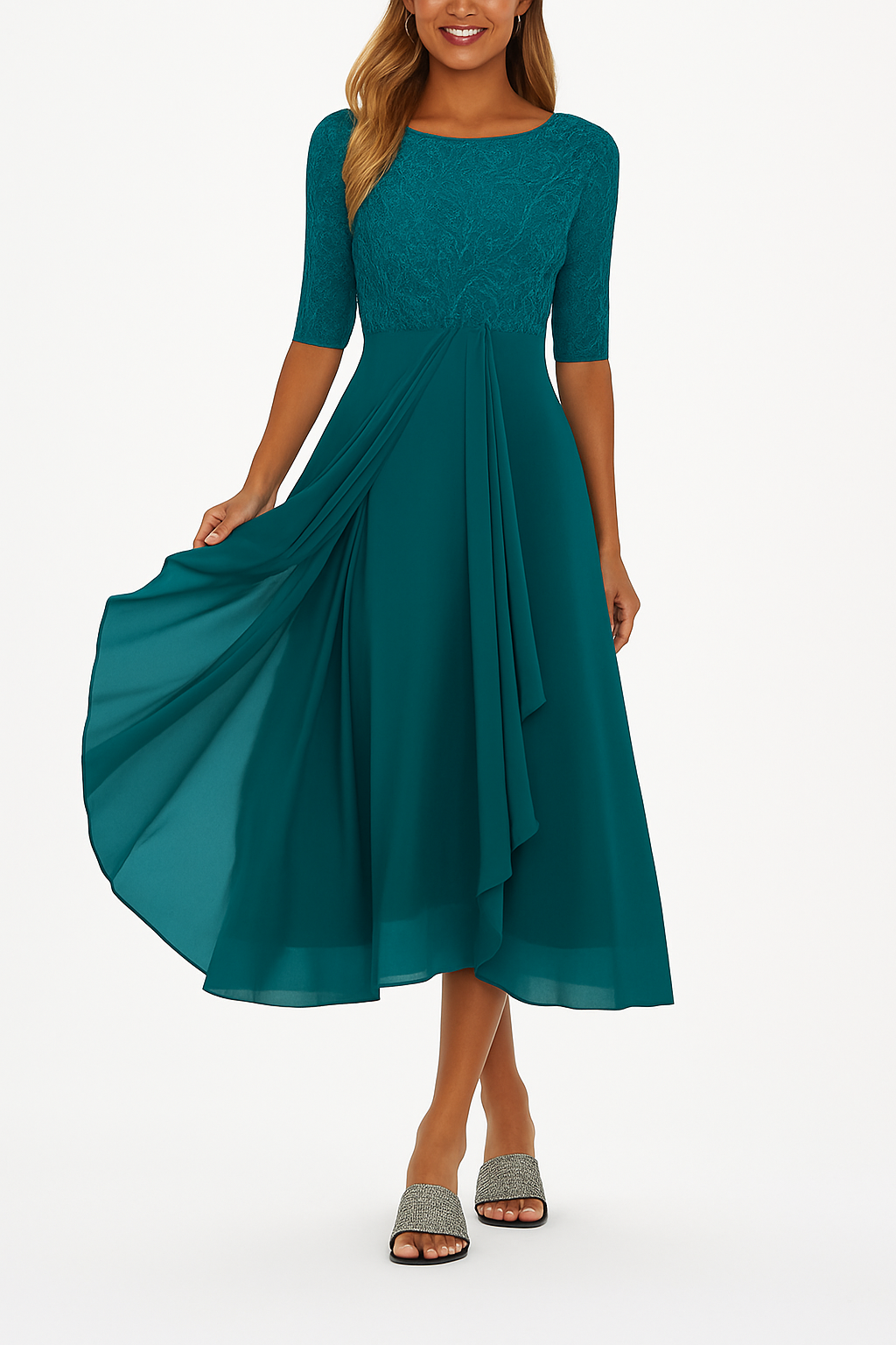 Women's A-Line Midi Dress Floral Lace Bodice and Tiered Skirt