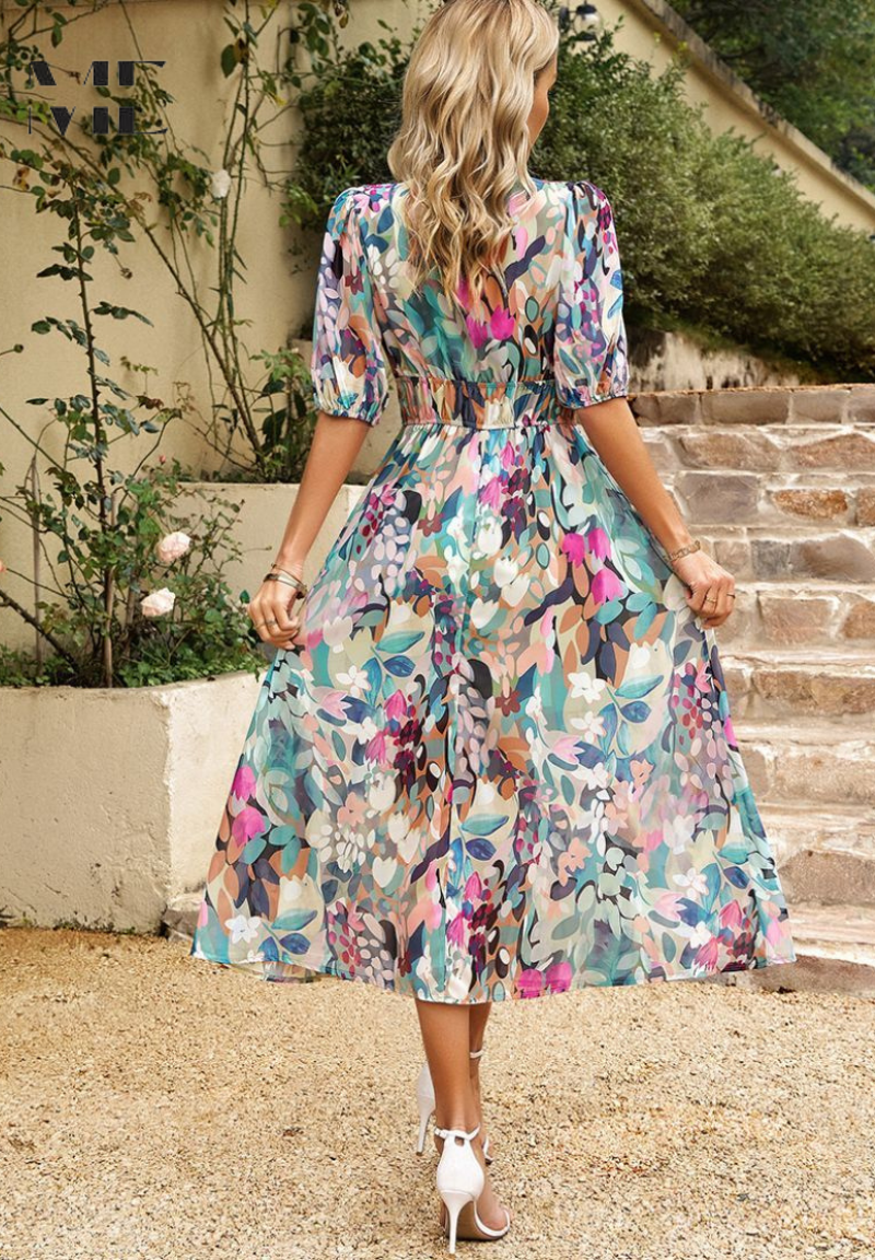 Women's A-Line Midi Dress Summer Deep V-Neck Printed Puff Sleeve