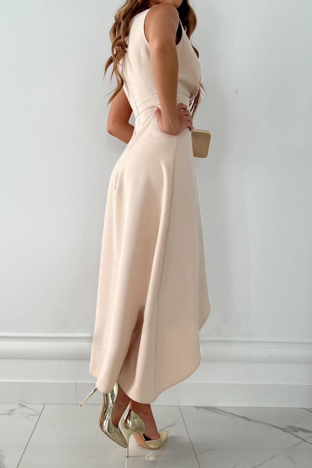 Women's Beige Wedding Guest Midi Dress Asymmetric Hem and Sleeveless