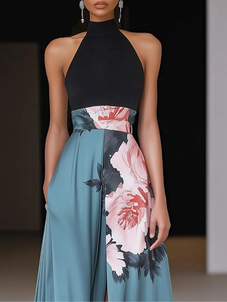 Women's Black A-Line Maxi Dress High-Neck Halter Bodice and Placement Floral Skirt