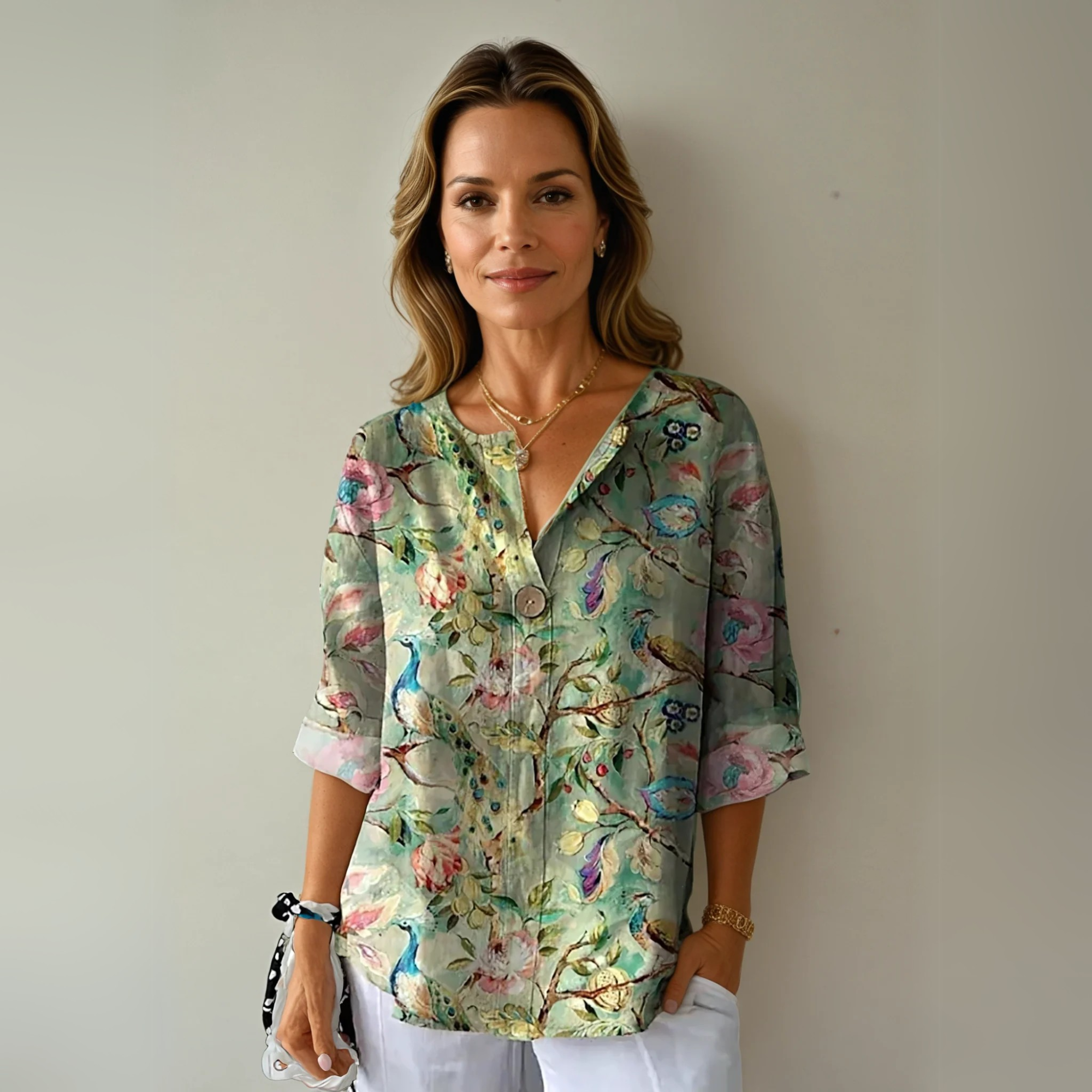 Women's Blouse Abstract Watercolor Pattern and Single Center Button