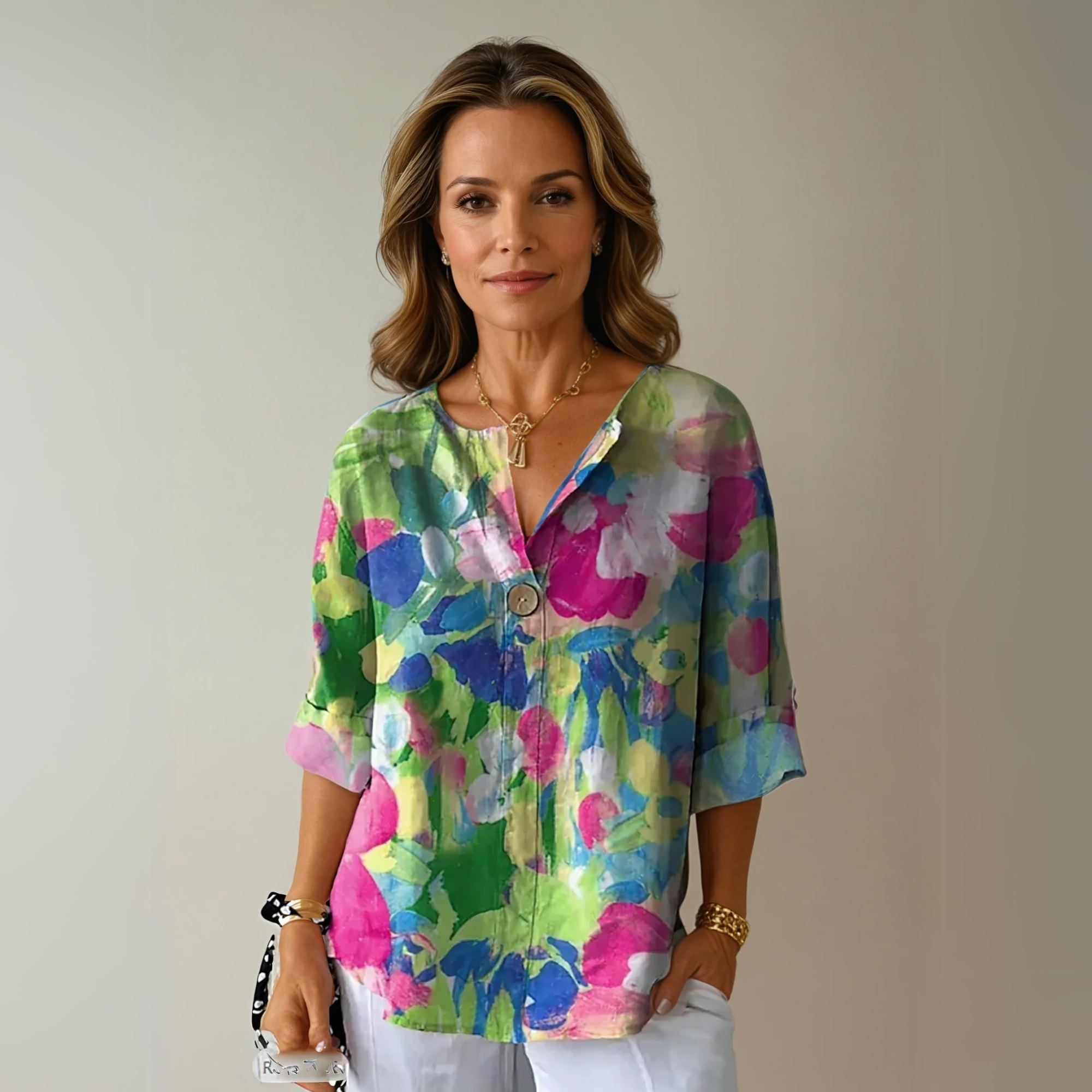Women's Blouse Abstract Watercolor Pattern and Single Center Button