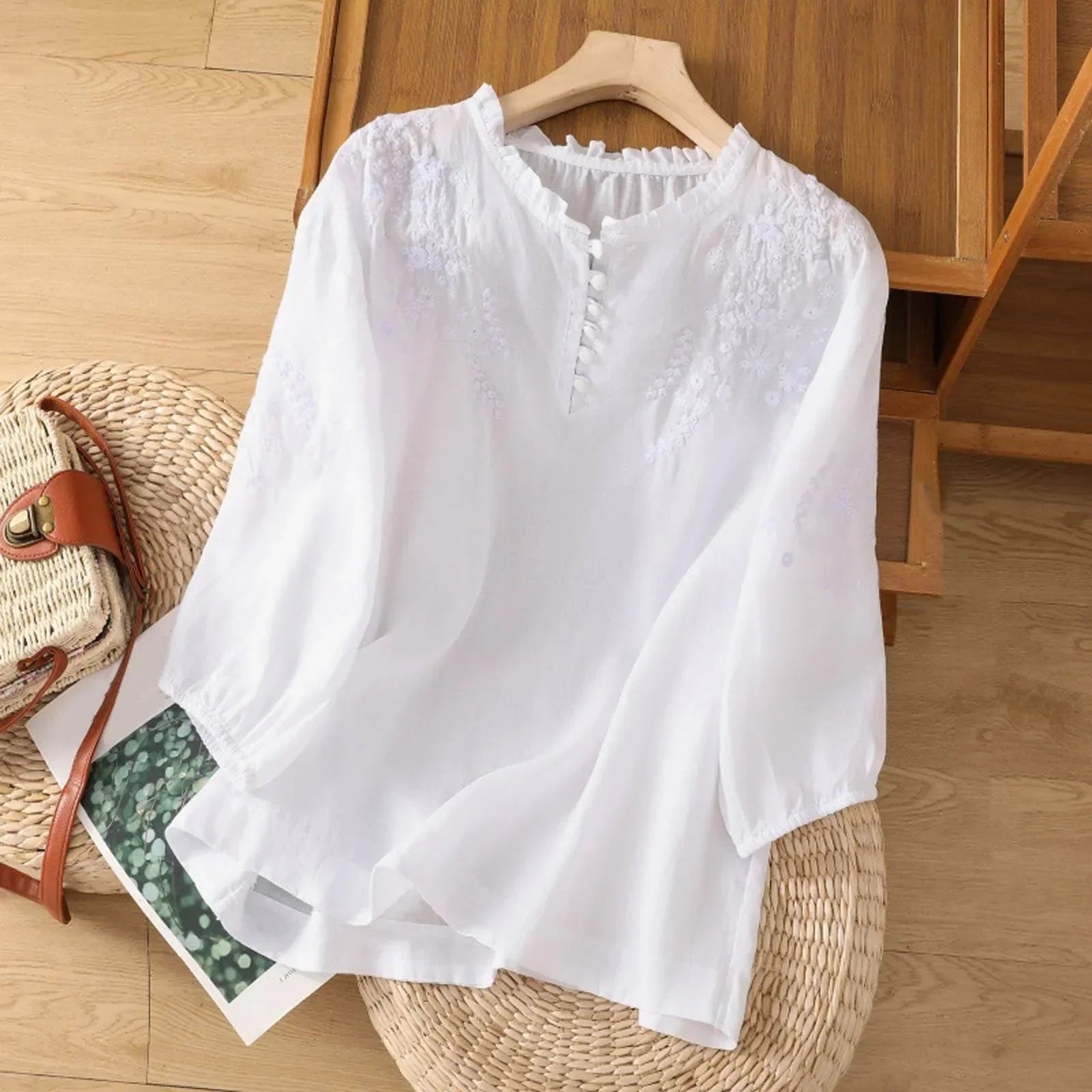 Women's Blouse Intricate Floral Embroidery and Ruffled Mock Neckline
