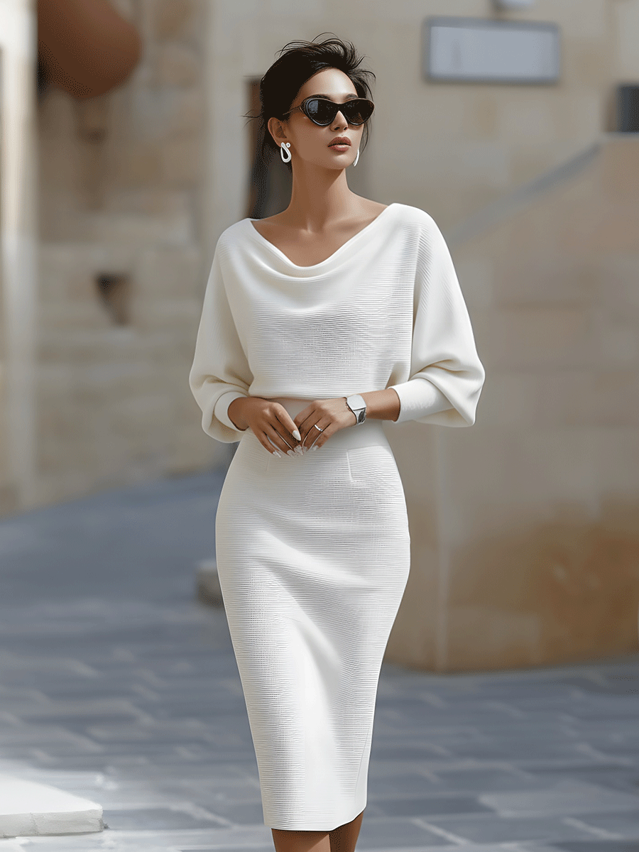Women's Boat Neck Midi Bodycon Dress Batwing Sleeves and Ribbed Knit