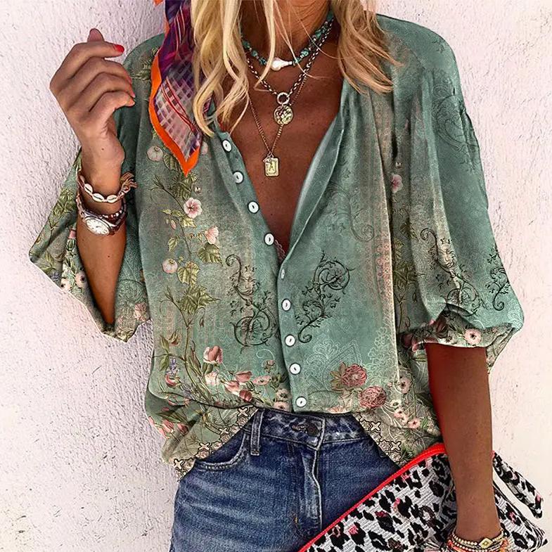 Women's Boho Blouse Casual Button-Down Shirt
