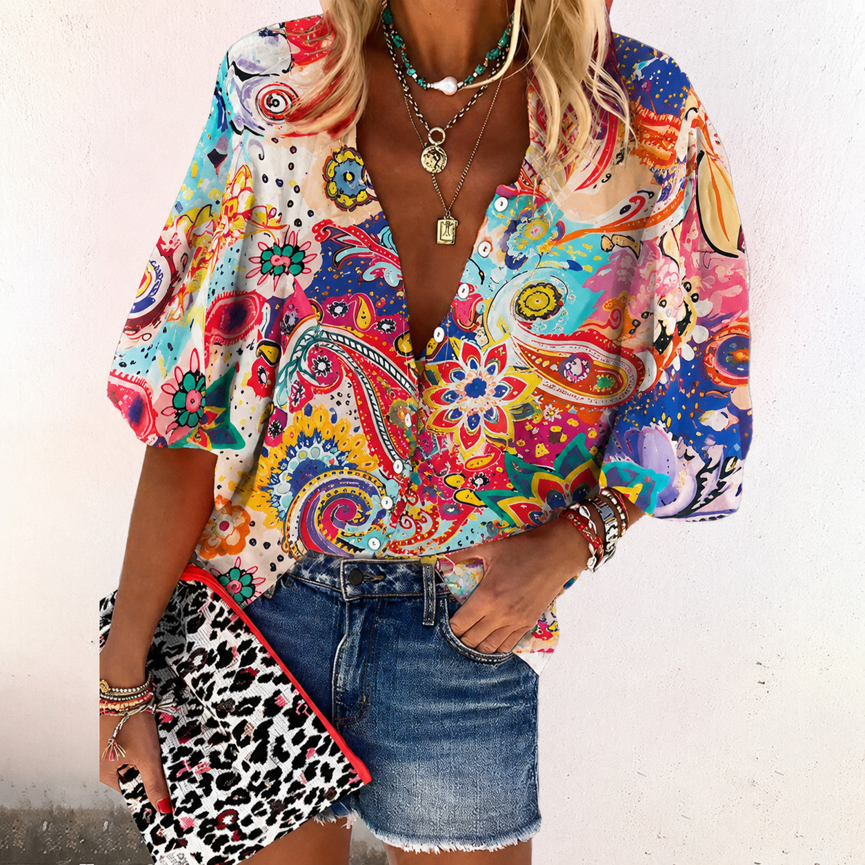 Women's Boho Blouse Casual Button-Down Shirt