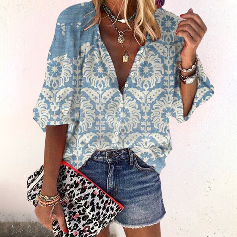 Women's Boho Blouse Casual Button-Down Shirt