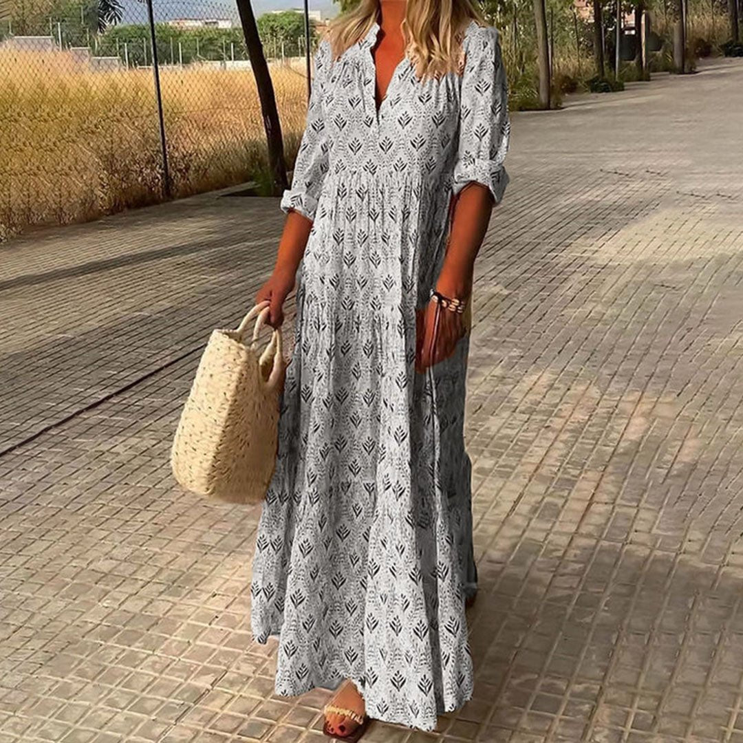 Women's Boho Maxi Dress V-Neck and Long Sleeves