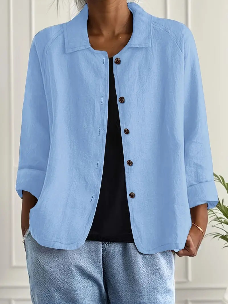 Women's Button-Front Lightweight Linen Jacket with Collared and Long Sleeves