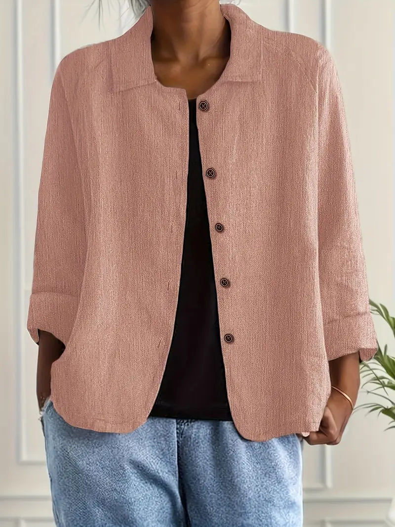 Women's Button-Front Lightweight Linen Jacket with Collared and Long Sleeves