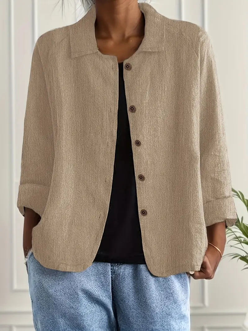 Women's Button-Front Lightweight Linen Jacket with Collared and Long Sleeves
