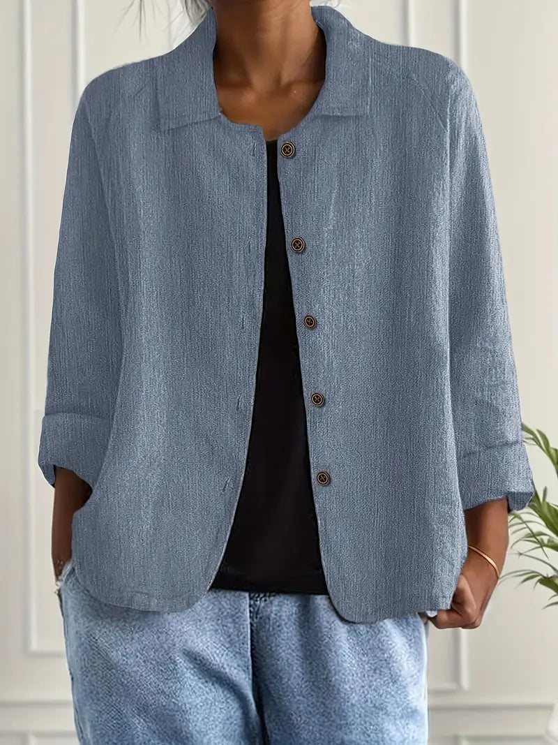 Women's Button-Front Lightweight Linen Jacket with Collared and Long Sleeves