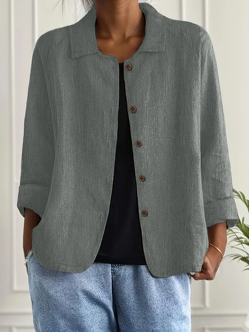 Women's Button-Front Lightweight Linen Jacket with Collared and Long Sleeves