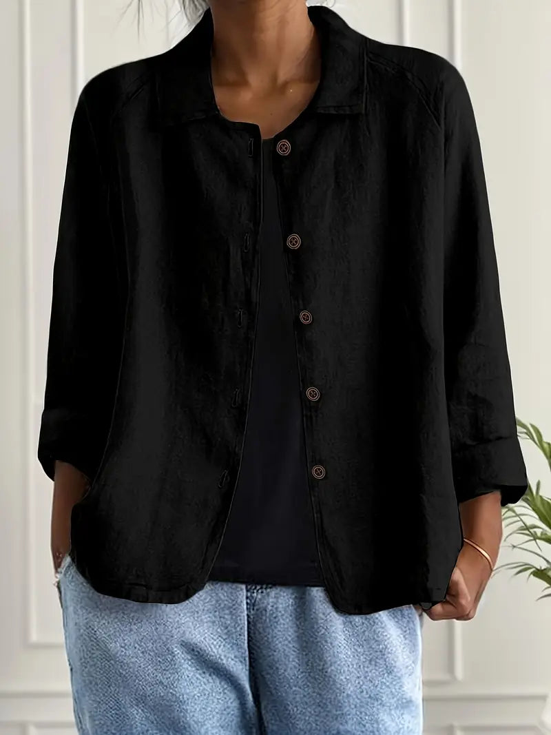 Women's Button-Front Lightweight Linen Jacket with Collared and Long Sleeves