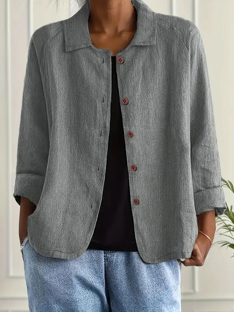 Women's Button-Front Lightweight Linen Jacket with Collared and Long Sleeves