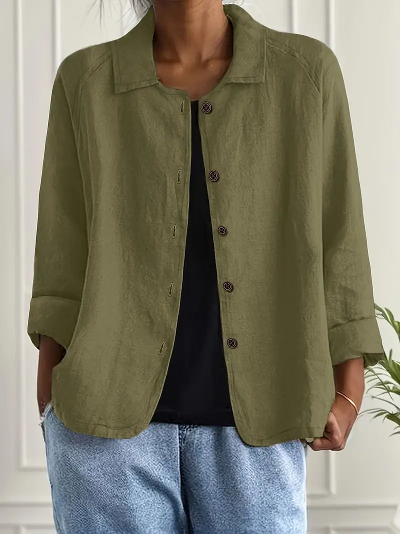 Women's Button-Front Lightweight Linen Jacket with Collared and Long Sleeves