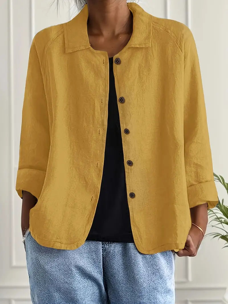Women's Button-Front Lightweight Linen Jacket with Collared and Long Sleeves