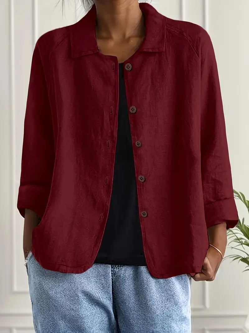 Women's Button-Front Lightweight Linen Jacket with Collared and Long Sleeves