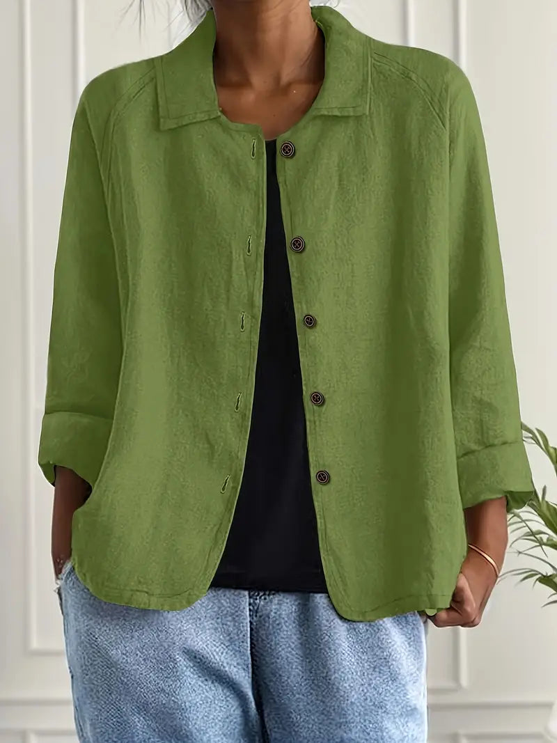 Women's Button-Front Lightweight Linen Jacket with Collared and Long Sleeves