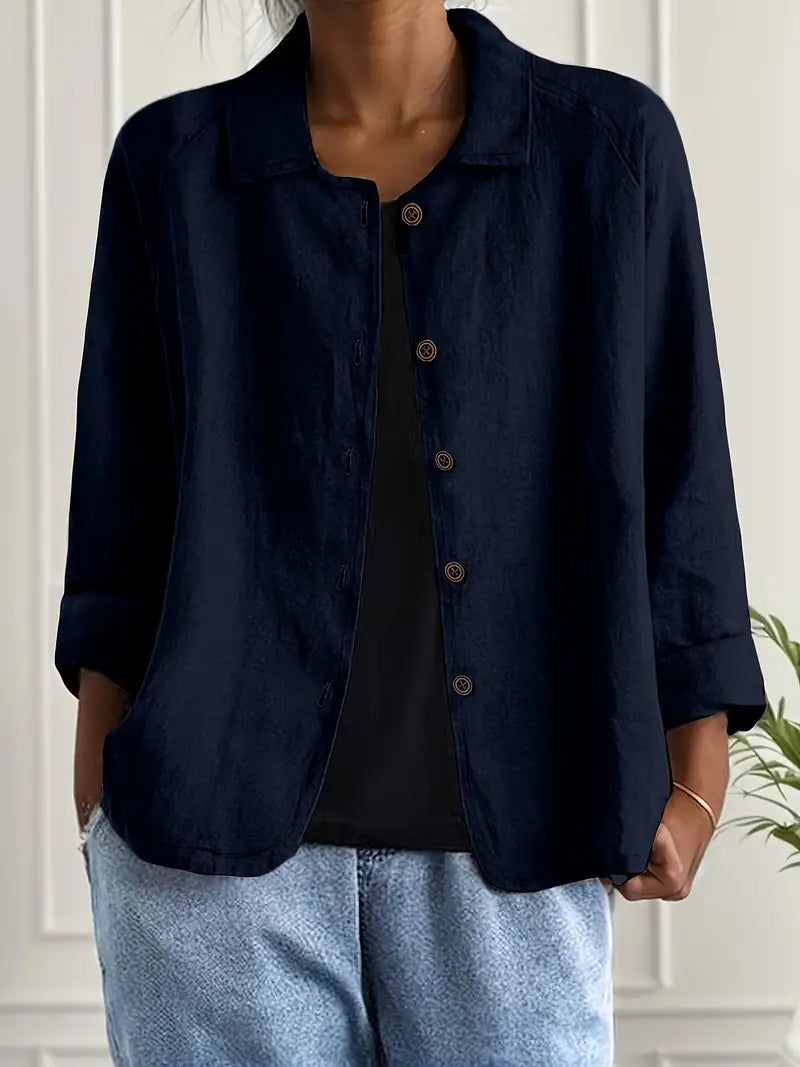Women's Button-Front Lightweight Linen Jacket with Collared and Long Sleeves