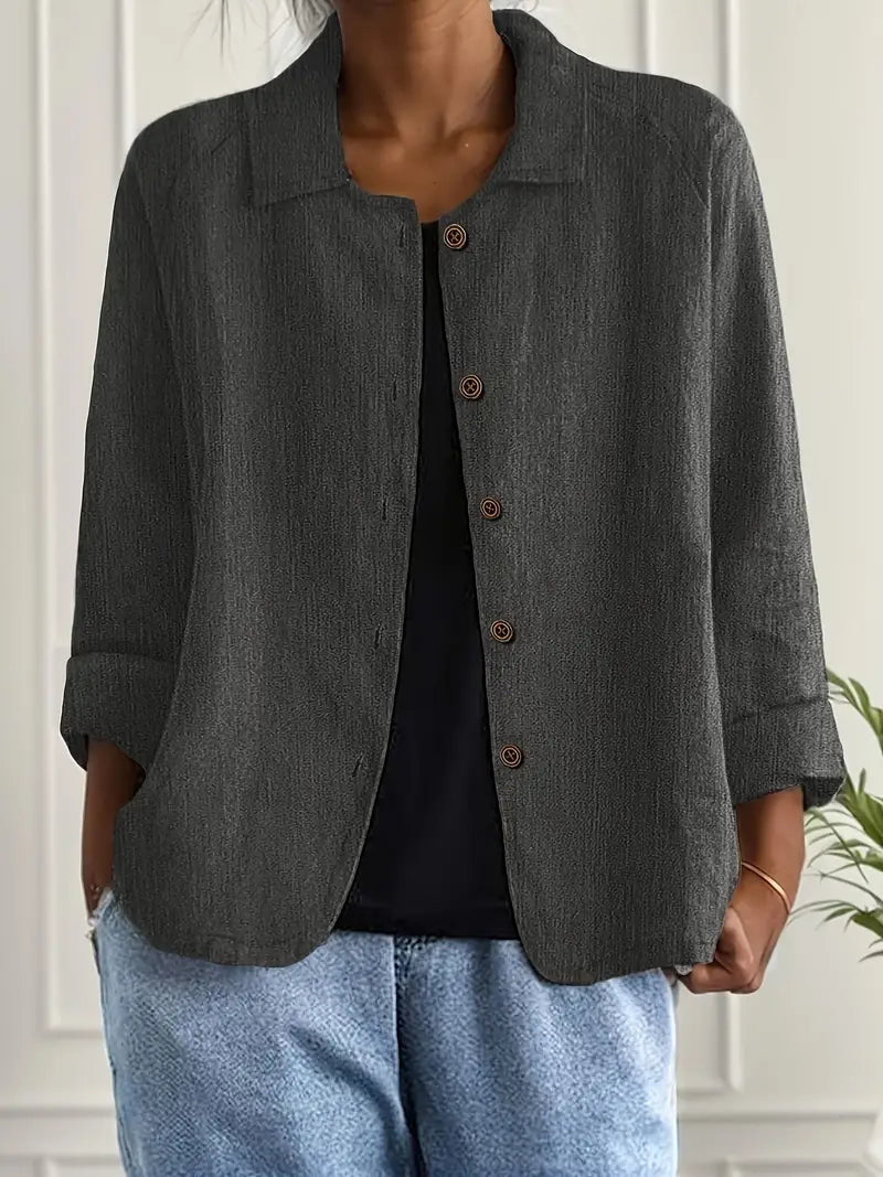 Women's Button-Front Lightweight Linen Jacket with Collared and Long Sleeves
