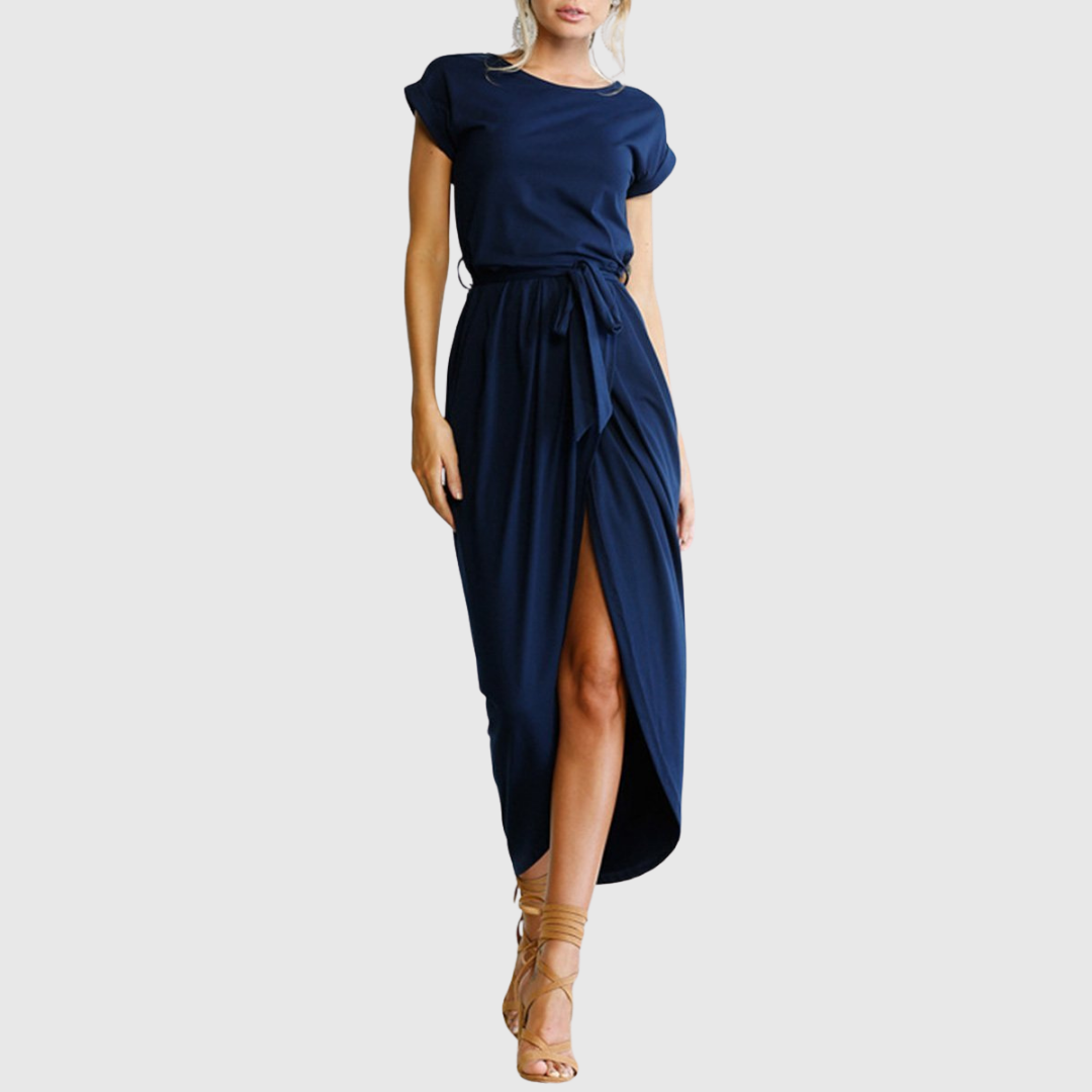 Women's Casual Midi Dress Belted Wrap-Front and Short Sleeves