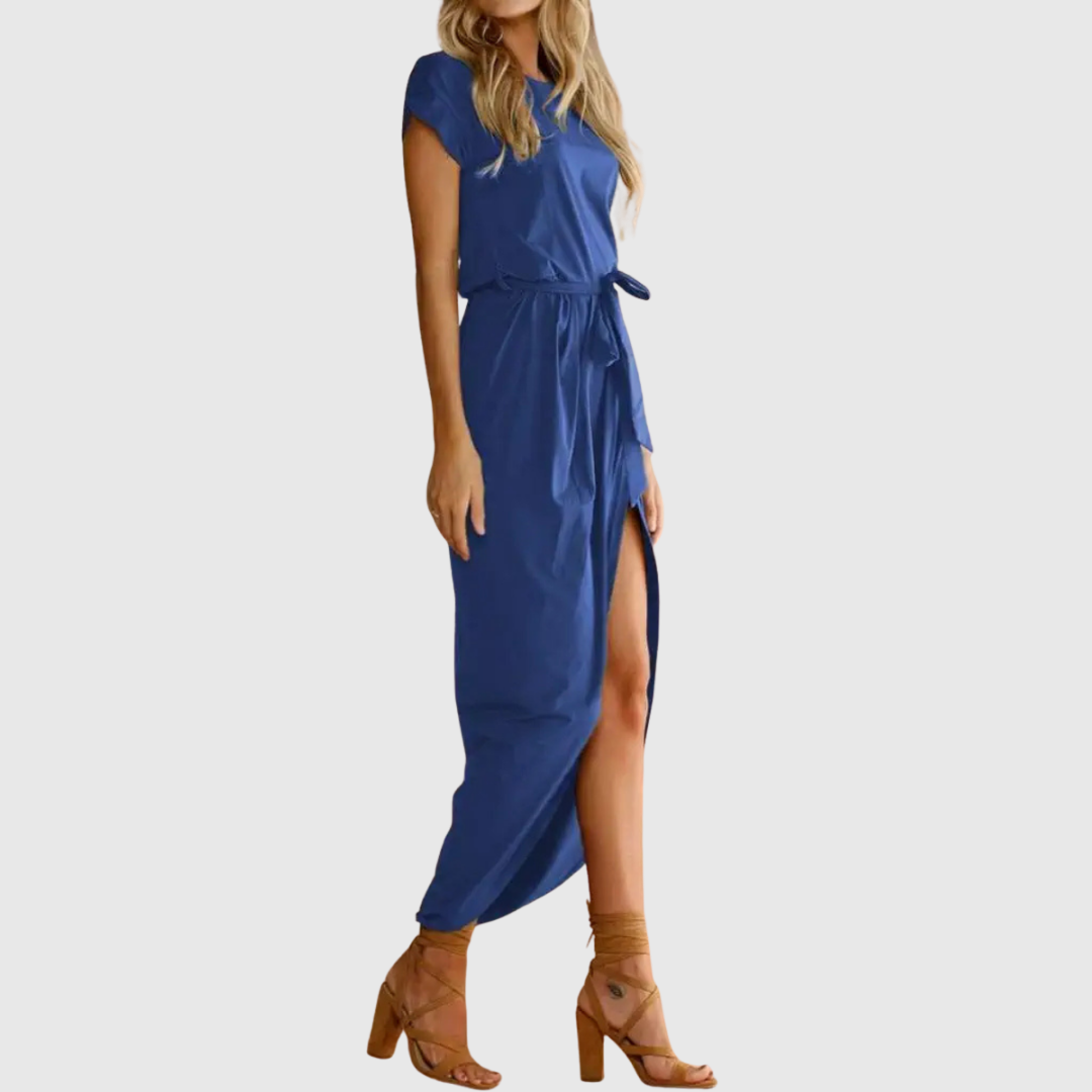 Women's Casual Midi Dress Belted Wrap-Front and Short Sleeves