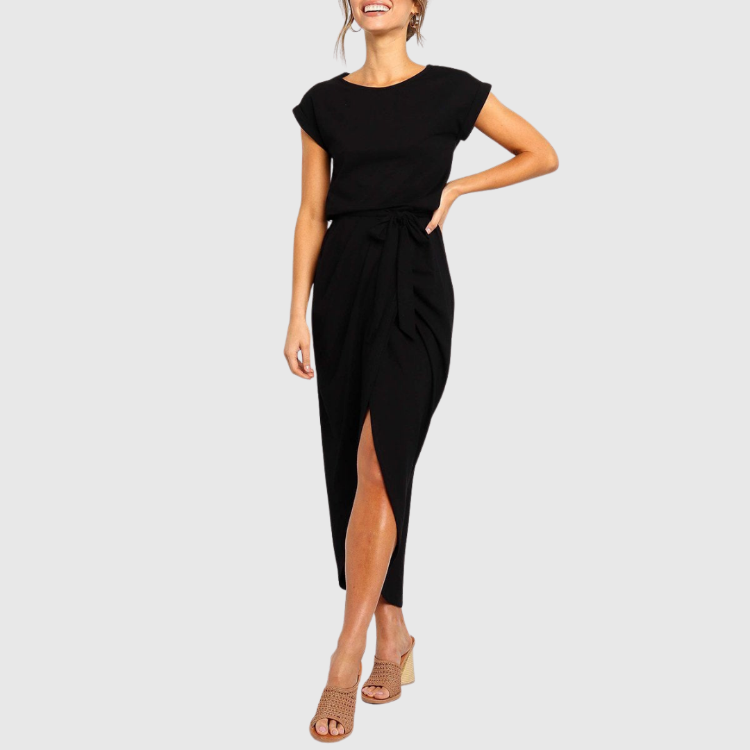 Women's Casual Midi Dress Belted Wrap-Front and Short Sleeves