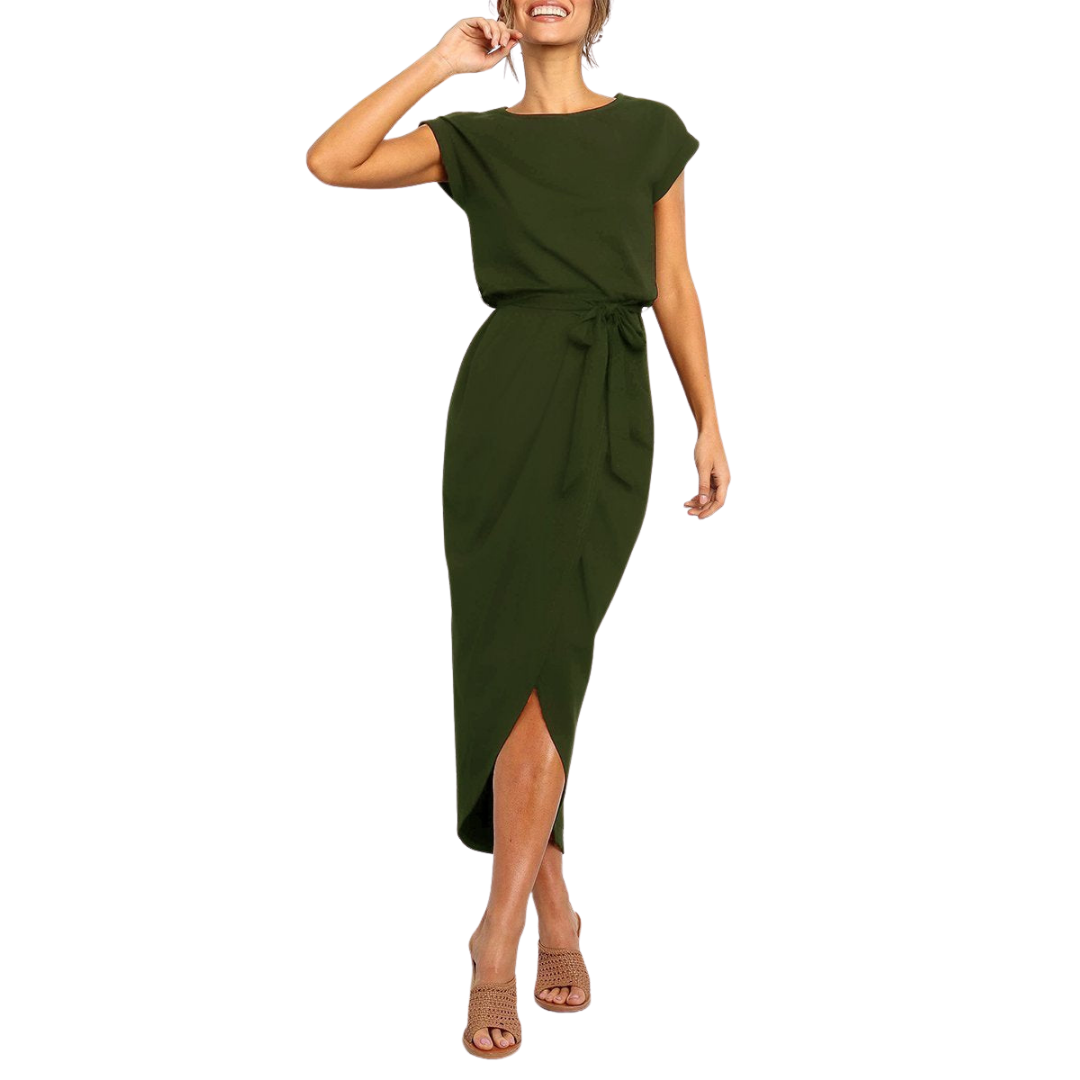 Women's Casual Midi Dress Belted Wrap-Front and Short Sleeves