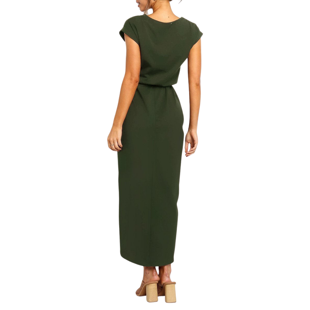 Women's Casual Midi Dress Belted Wrap-Front and Short Sleeves