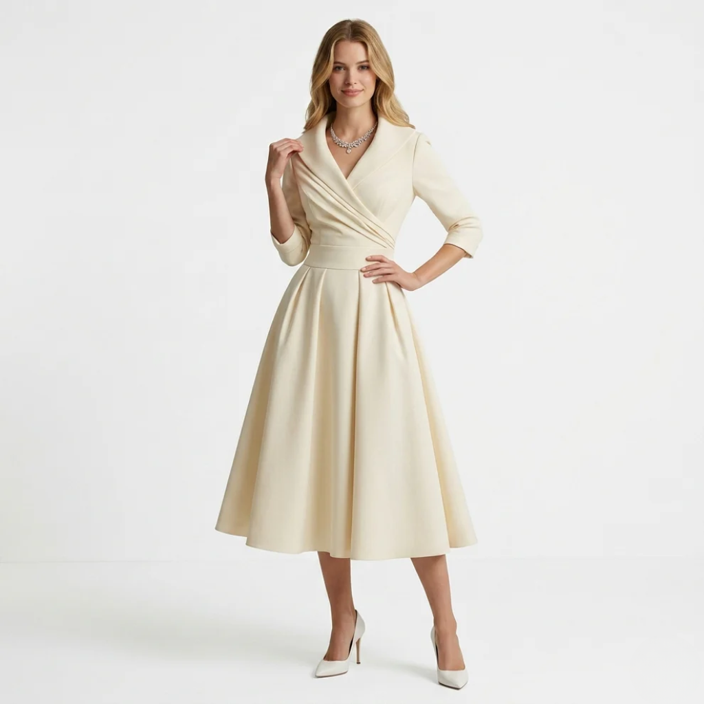 Women's Collared V-Neck Midi Dress Pleated A-Line Skirt with Pockets
