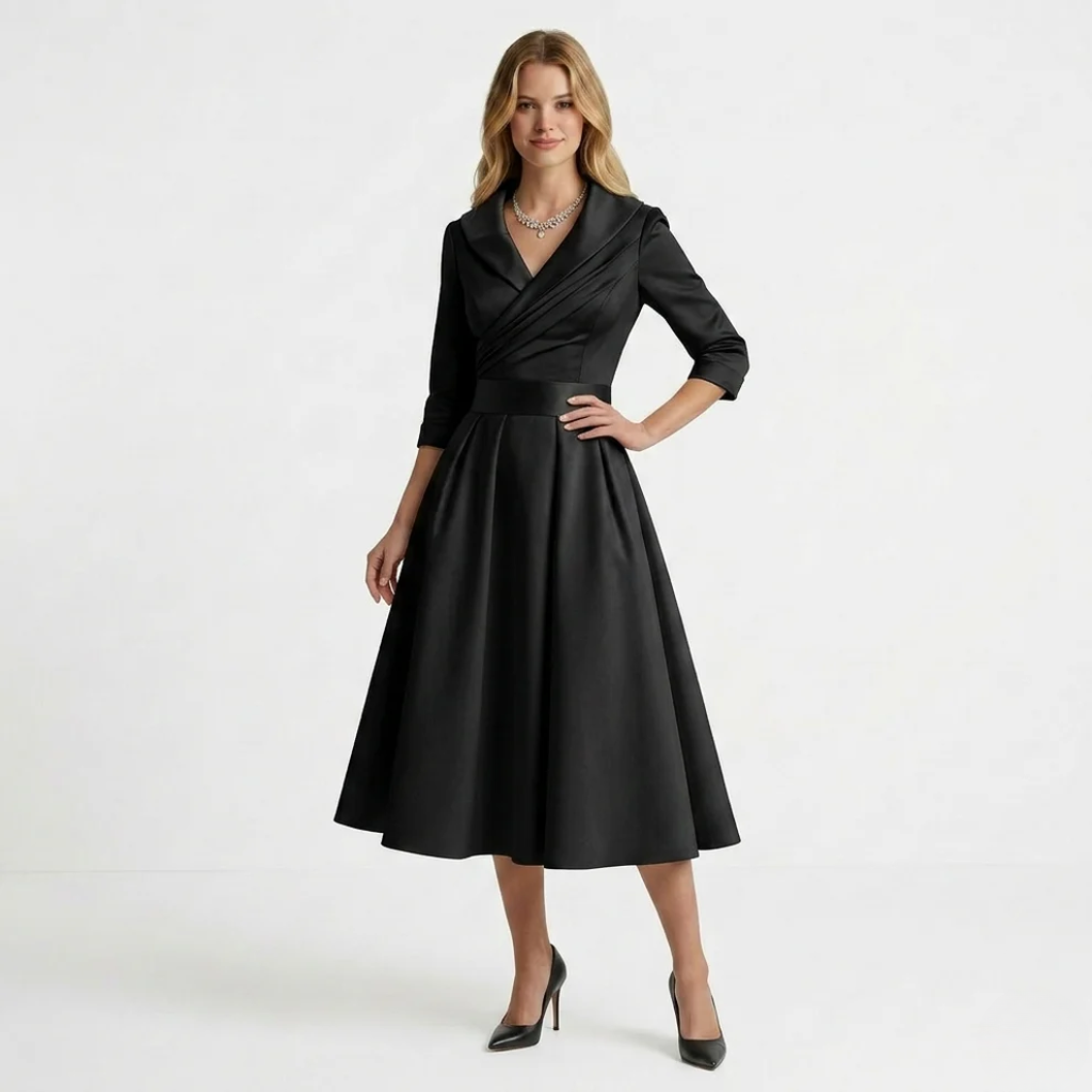 Women's Collared V-Neck Midi Dress Pleated A-Line Skirt with Pockets