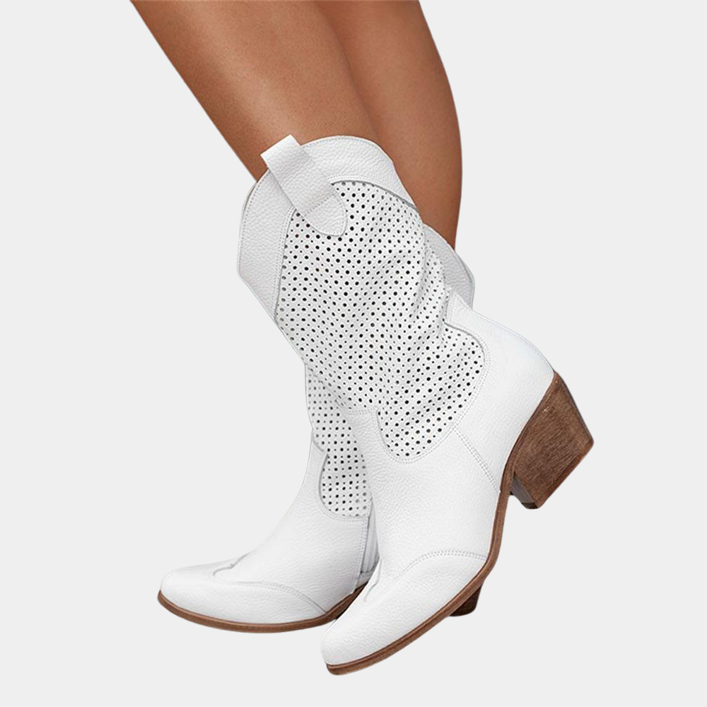 Women's Cowboy Boots Perforated Shaft and Stacked Block Heel