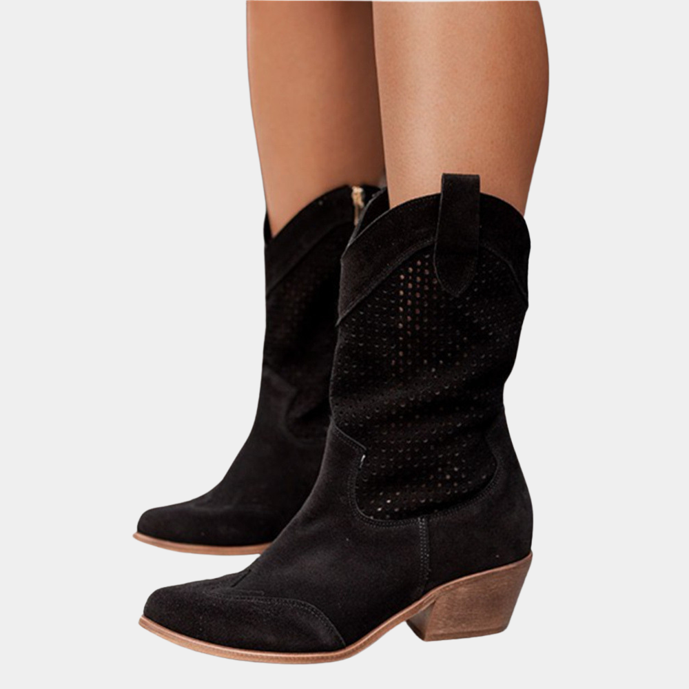 Women's Cowboy Boots Perforated Shaft and Stacked Block Heel