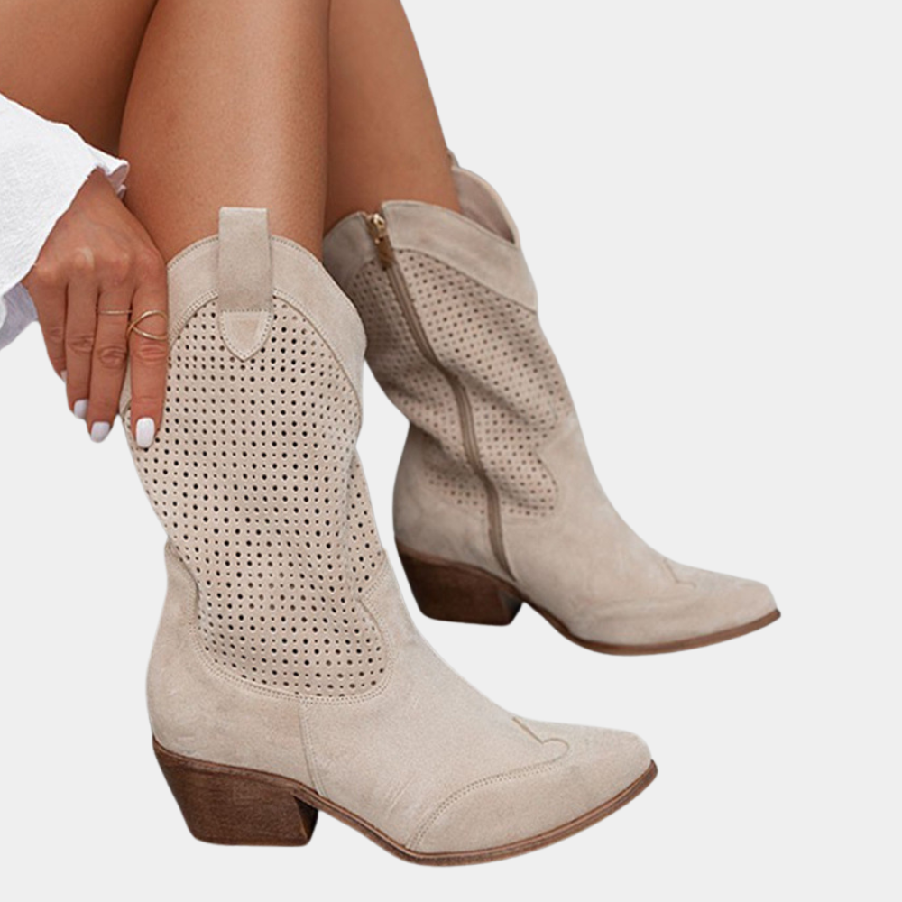 Women's Cowboy Boots Perforated Shaft and Stacked Block Heel