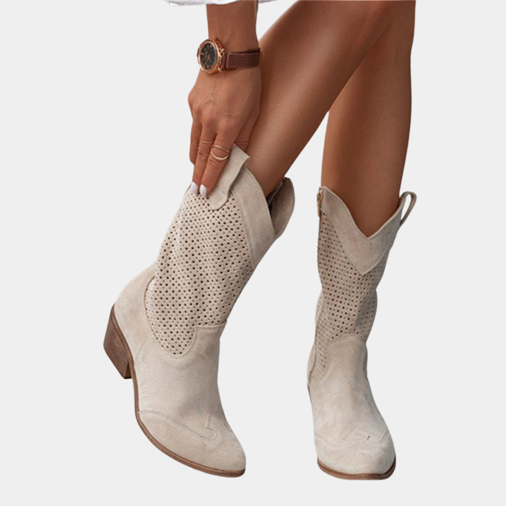 Women's Cowboy Boots Perforated Shaft and Stacked Block Heel